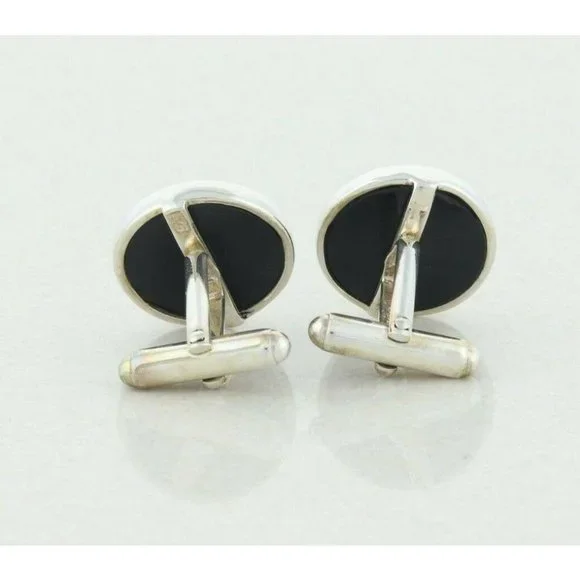 Men's Sterling Silver and Black Bullet Back Cufflinks - Picture 5 of 6